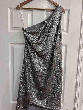Halston Heritage Silver One-Shoulder Sequin Dress